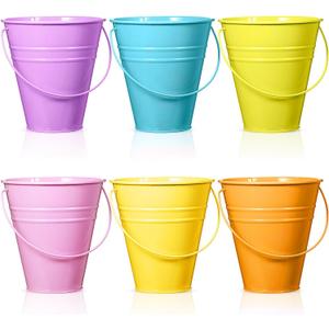 Sadnyy 6 Pack Pastel Small Metal Galvanized Bucket with Handle 5" Easter Mini Metal Buckets and Pails Easter Party Candy Container Table Centerpiece for Vase(Green Yellow Orange Blue Purple Pink)