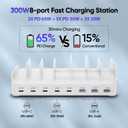 300W Charging Station for Multiple Devices, 8 Port Multi USB C Fast Charger Station Dock for MacBook iPhone 17/16/15/14/13/12 Samsung Pixel Series iPad, White (6 Mixed Short Cables Included)