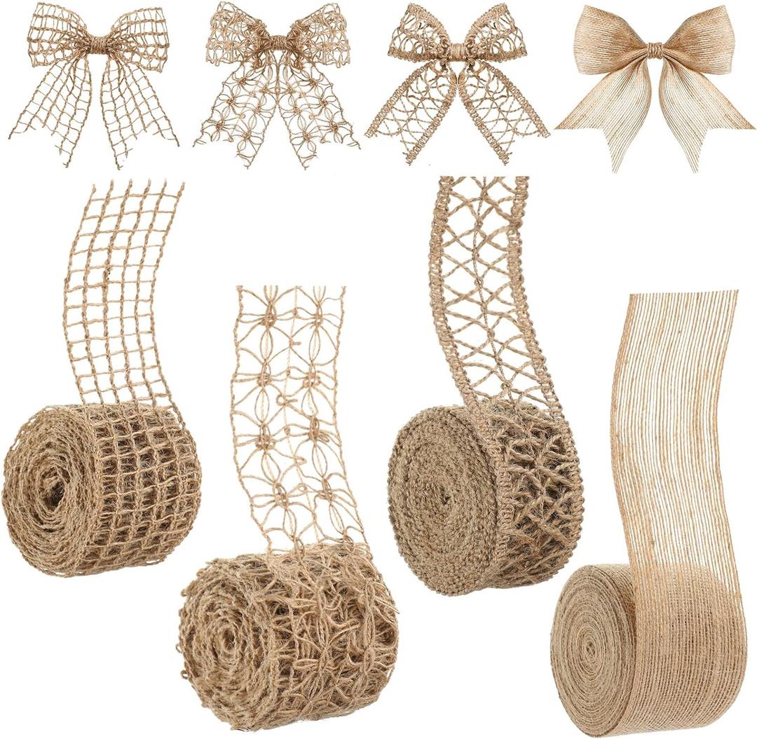 4 Rolls Burlap Ribbon Wired Natural Jute Burlap Lace 1.6-2 Inch x 16.4 Yard Wrapping Ribbon for Crafts, Big Bows, Wedding Gift Wrapping, Rustic Outdoor Decoration, Wreath, Holiday Party DIY Home Decor