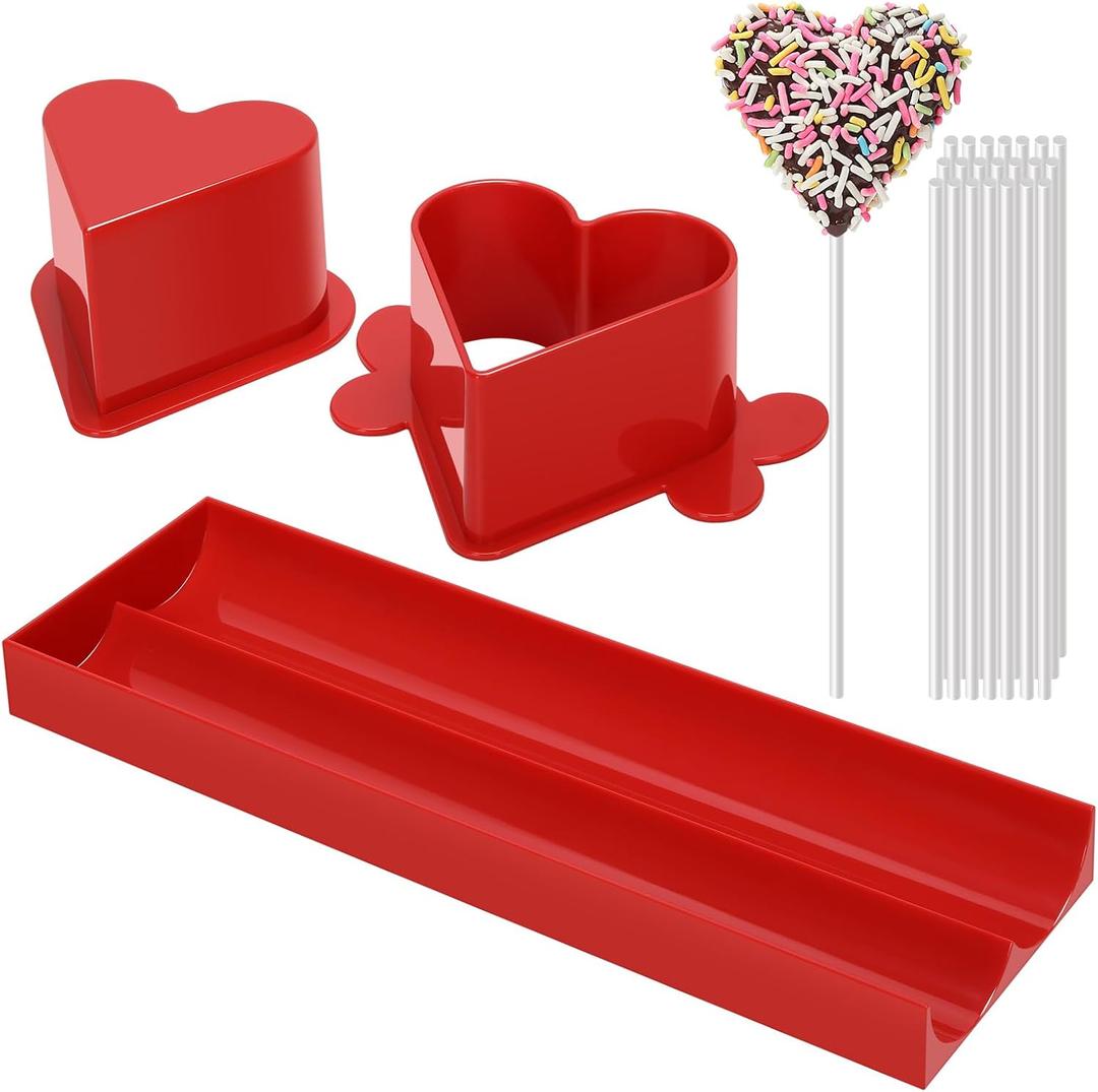 Heart Cake Pop Mold Set with 9 Inch Tray and Sticks, Circle Cake Pop Cutter and Pusher, Baking Molds Kit for Parties, Wedding, Home Desserts Making - Red