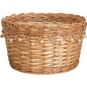 Handwoven Wicker Storage Basket with Wooden Beads, Decorative Round Organizer for Home & Nursery, Boho Chic Decor