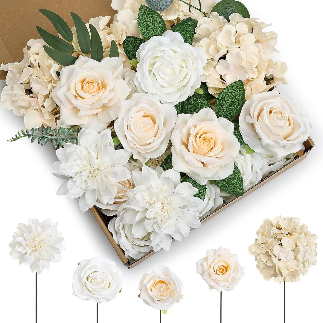 80Pcs Artificial Flowers Combo, Champagne Fake Silk Flowers Decor with Stems for DIY Roses Wedding Party Centerpieces Bridal Bouquets Cake Decorations Arrangements Indoor Outdoor