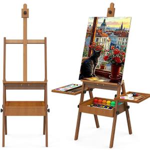 Professional Vintage Wood H-Frame Easel, with 2 Palette and Storage Box, 36"