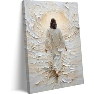 Abstract Jesus Walking On Water Canvas Wall Art White Jesus Christ Wall Decor Picture Christian Bible Stories Poster Print Painting for Church Prayer Room Living Room Home Decoration Prepare To Hang (16"L x 12"W)