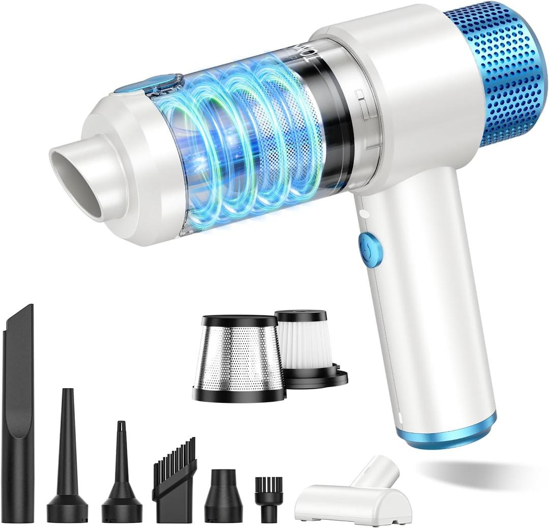 JONYJ Handheld Car Vacuum Cleaner, 16000PA Hand Held Vacuum Portable Cordless, 2 in 1 Air Duster and Vacuum Cleaner with LED Light, Multi-Nozzles, 120W High Power Mini Vacuum for Home, Pet, Office (White & Blue)