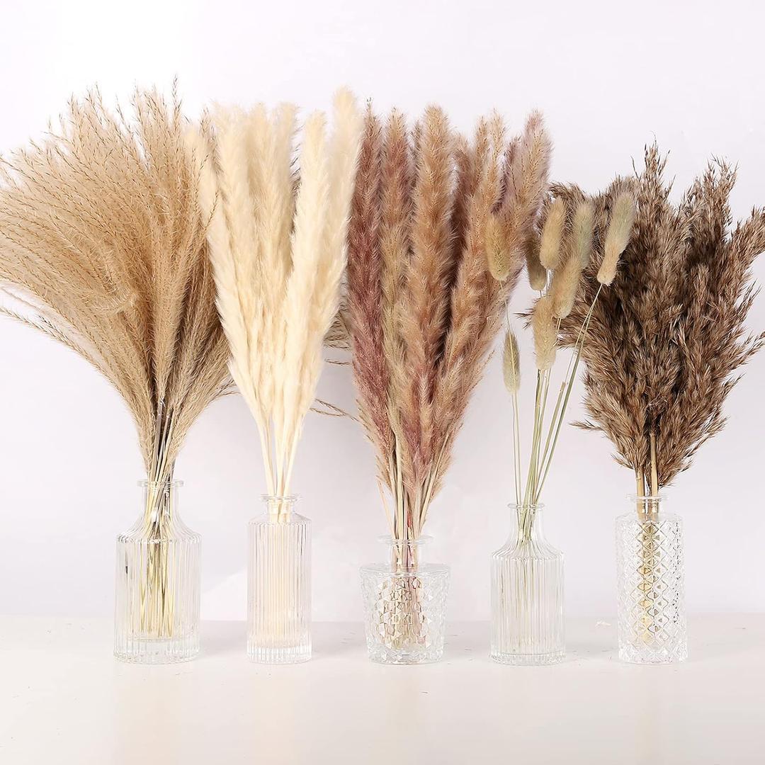 N&T NETING Dried Pampas Grass Decor- White Pampas Grass, Brown Pampas, Bunny Tail, Reed, Fluffy Dried Pompas Grass Flower for Home Wedding Table Vase Boho Modern Decor, 75Pcs