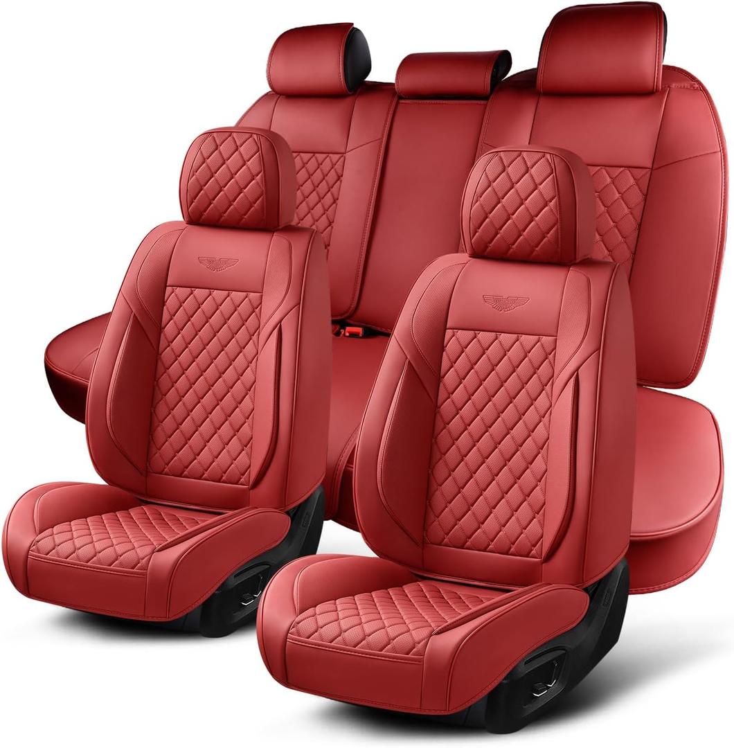Auto Car Seat Covers Full Set Leather Cushion Protector Breathable Waterproof Seat Cover for Cars Universal Fit (Wine, Full Set Without Headrest)