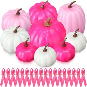 Breast Cancer Awareness Decorations 9 Pcs Pink Artificial Pumpkins 50 Pink Ribbon Satin Pins Rose Red Faux Foam Pumpkins for Women Charity Event Survivor Campaign Favors Supplies