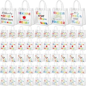 Canchiing 50 Pcs End of Year Teacher Clear Gift Bags with Handles Reusable Clear End of Year Treat Bags Thank You PVC Gift Wrap Totes for Graduation Teacher Appreciation Supplies, 7.9 x 7.9 x 3.1