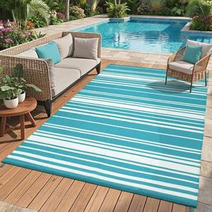 GAOMON Modern Striped 9x12 Outdoor Rug UV-Resistant Geometric Lines Reversible Plastic Straw Indoor Outdoor Rugs Waterproof Outside Large Carpet for Camping Trailer RV Balcony Pool Light Blue White