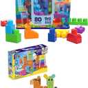 Bundle of MEGA BLOKS Fisher-Price Toddler Block Toys, Big Building Bag with 80 Pieces and Storage Bag, Blue + Sensory Building Toys Playset, Musical Farm Band with 45 Toddler Blocks and 6 Music Sheets