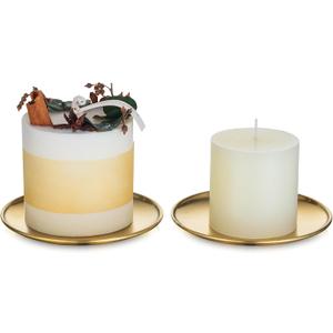 Romadedi Gold Pillar Candle Holders Decor - 5.5 Inch Round Candle Tray Decorative Brass Metal Plate Candle Srand for 3 Wick Candles Jars for Coffee Table Countertop Home Decorations, Set of 2