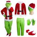 6PCS Green Monster Costume for Men, Adult Santa Costume with Mask, Coat, Belt, Gloves, Pants Small