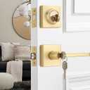 3 Sets Entry Door Handle and Single Cylinder Deadbolt Lock and Key Combo Pack - Heavy Duty Square Locking Lever Set - Interior/Exterior Door Levers in Satin Brass Finish (Entry Door Lock with Single Deadbolt Cylinder)