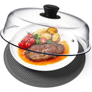 2 in 1, Glass Microwave Splatter Cover for Food & Microwave Place Mat, Plate Splatter Guard Lid with Easy Grip Silicone Handle Knob, Borosilicate Glass with Vent Hole, Food Grade, No Plastic, 10in
