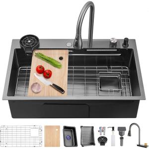 32" x 20" Waterfall Kitchen Sink with Protector Grid Dark Gray Stainless Steel Single Bowl Kitchen Sink with Pull Down Faucet & Multiple Accessories (32 x 20 IN)