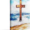 Rusted Cross on Beach Canvas Wall Art Framed Print Painting Christian Spiritual Coastal Wall Decor Artwork Poster Serene Ocean Waves Scene for Home Office Prayer Room Faith Based Decor 12x16 Inches