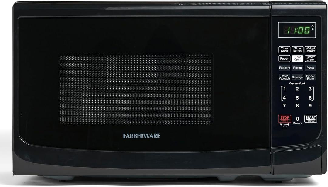 Farberware 0.7 Cu. Ft. Countertop Microwave Oven  700 Watts Power, Auto Cook Settings, Defrost, Easy Clean and Child Safety Lock - Black