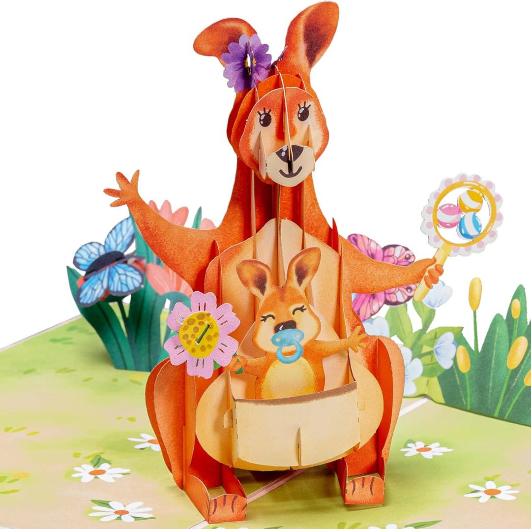 Paper Love 3D Pop Up Mothers Day Card, Kangaroo, For Mom, Wife - 5" x 7" Cover - Includes Envelope and Note Tag