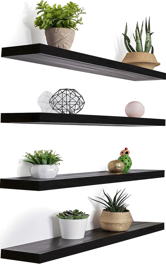 24 Inch Black Wood Floating Shelves for Wall Rustic Wall Shelf for Bedroom Living Room Set of 4, 24Incn