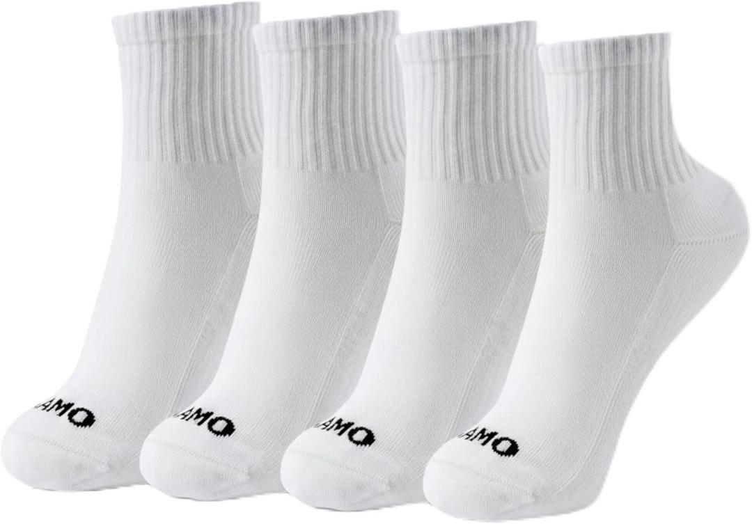 Kamo Fitness Daily 4-Pack Women's Ankle Socks, Athletic Half Crew, Cotton Mid-Calf, Cushioned Sole, Seamless Toe, Size 5-9 (White)