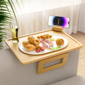 Smatdecis Couch Arm Tray Table Sofa Arm Clip, Armrest Tray Table Suitable for Home Drinks/Fast Food/Fruit Etc, Large Size Multi-Function Brown(360 Rotating Stand B) (13x9.4"(360B), Natural)
