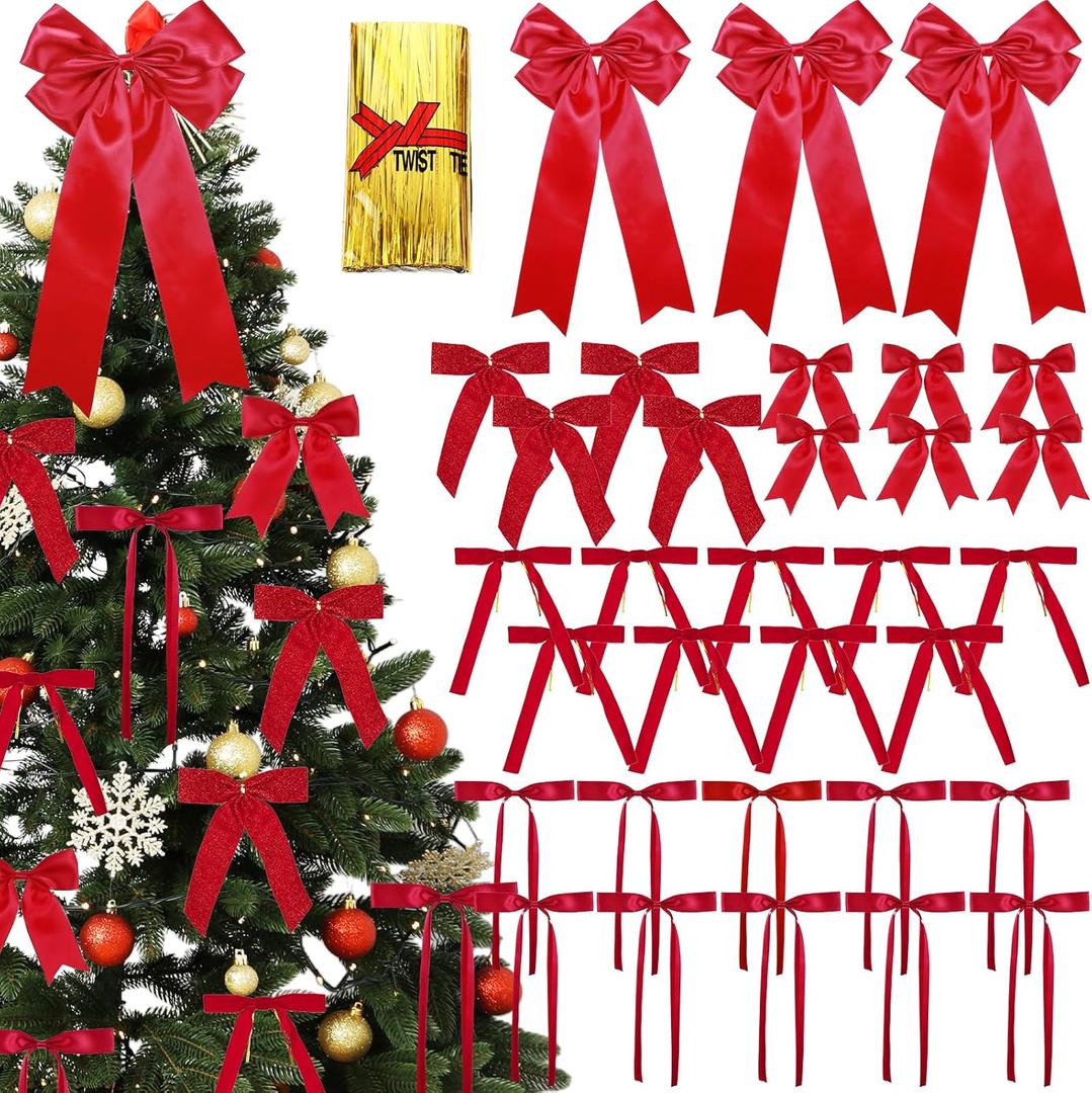32 Pcs Christmas Red Velvet Bows Bulk for Christmas Tree Twist Tie Gold Stain Bows for Wreaths, Gift Wrapping, Garland, Xmas Tree Ornaments, Holiday Party Decoration