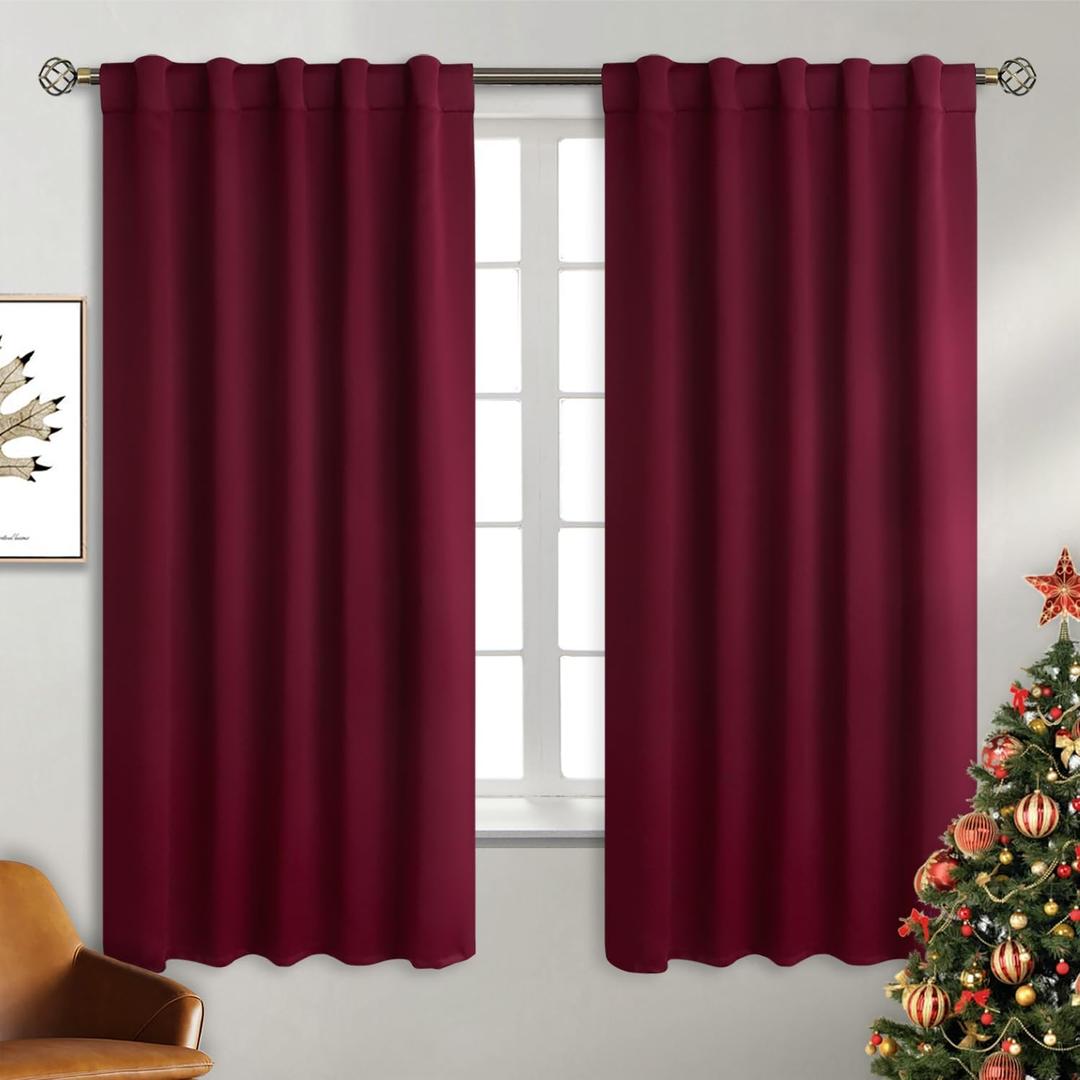 BGment Christmas Red Blackout Curtains 63 Inch Length - Rod Pocket and Back Tab Thermal Insulated Room Darkening Curtains for Living Room/Bedroom, 2 Panels (42 x 63 Inch, Burgundy Red)