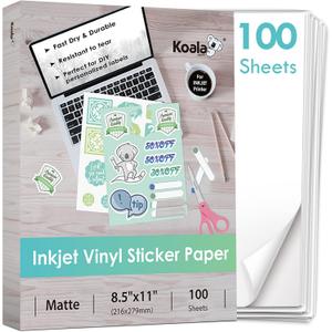 Koala Printable Vinyl Sticker Paper for Inkjet Printer - 100 Sheets Sticker Printer Paper Matte White, Waterproof Sticker Paper 8.5x11 Inch, Work with Cutting Machine
