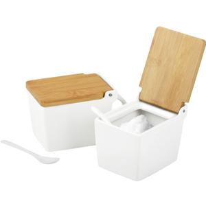 Impresa 2-Pack Japanese-Style Salt Box - Moisture-Barrier Lid Salt Cellar with Hinged Lid for Minimalist Decor & Kitchen Decor - Easy-Access Serving Container with Spoon - White Ceramic