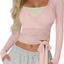 Women Wrap Tie Tops Lightweight Slim Fit Ballet Pilates Yoga Workout Active Shirts Long Sleeve V Neck Casual Tees (Pink, S)