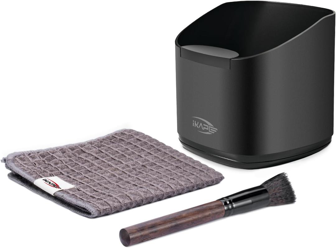 IKAPE Espresso Kit 3 IN 1, Espresso Knock Box, Cleaning Towel & Brush for Barista-Grade Maintenance - Black Espresso Machine Coffee Puck Disposal Box