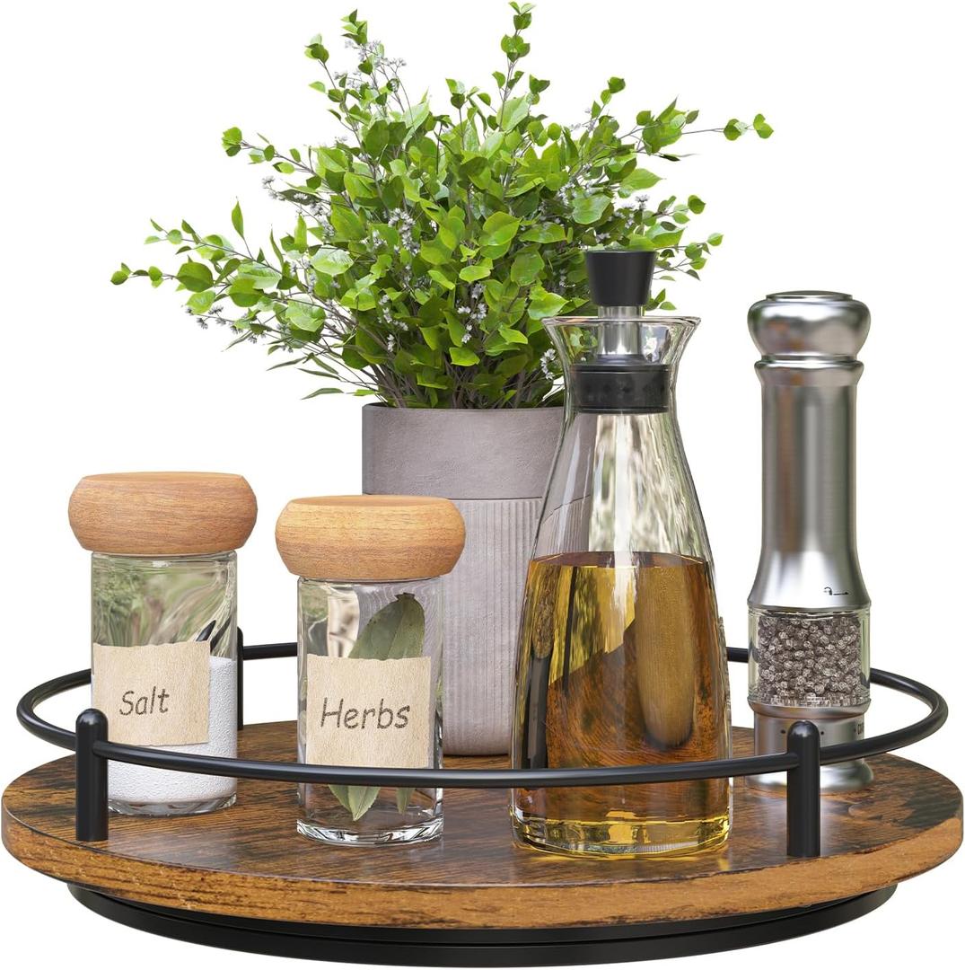 Lazy Susan Organizer10 Inch Rotating Spice Rack Decor for Kitchen Countertop Round Wooden Turntable Holder for Dinning Room, Living Room, Home Black