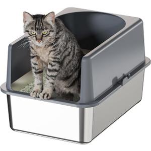 Booche High-Sided Stainless Steel Cat Litter Box,Stainless Steel Litter Box with Lid,Extra Medium Box,Easy-to-Clean Metal Litter Pan for Cats (20''L X 14''W X 12''H with Enclosure)