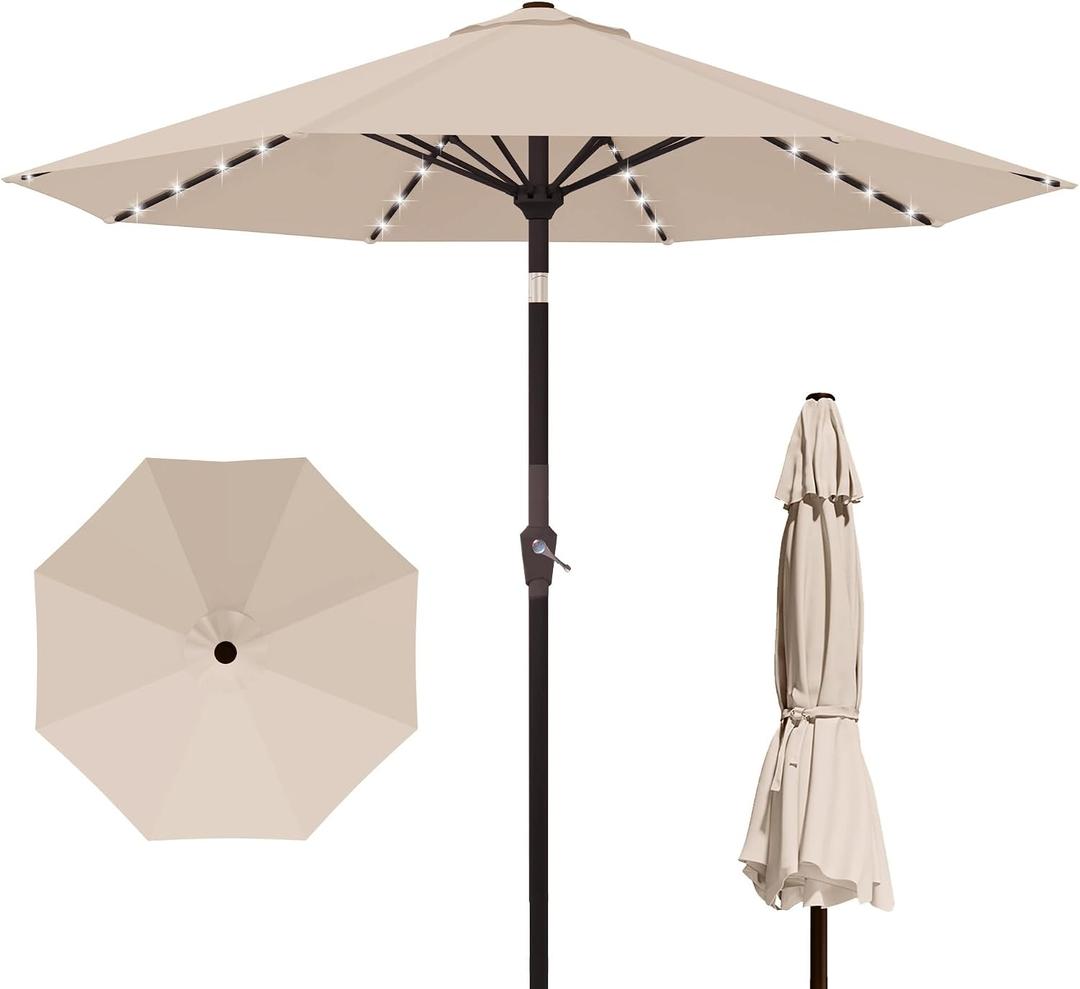 Kingdura 10FT Outdoor Patio Umbrella with Solar Lights, Market Table Umbrella with Push Button Tilt & Crank, 8 Sturdy Ribs, 32 LED Lights, UV Protection for Garden Lawn Deck Backyard Pool (Beige, 52.0x6.1x6.1 inch)
