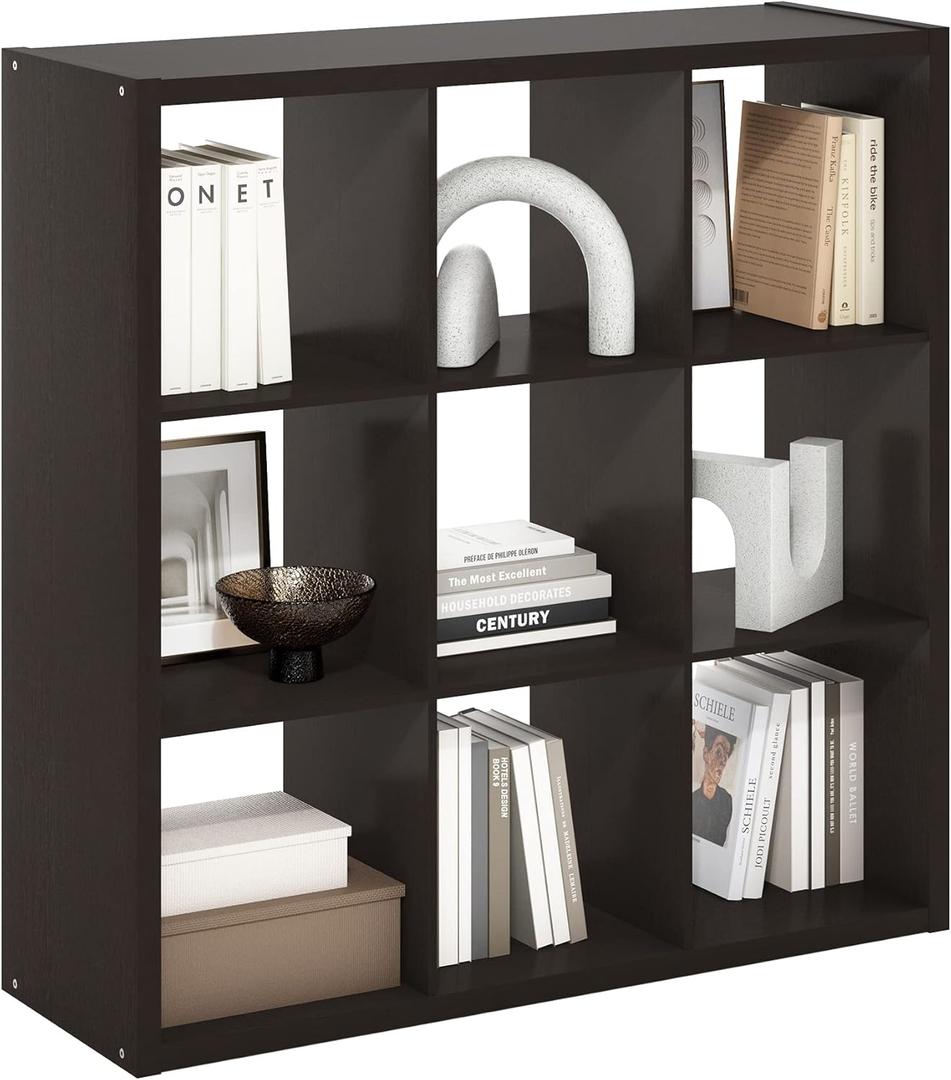 Furinno CUBICLE Book Shelf, 9-Cube Bookshelf, Extra Thick Frame Reversible Bookcase with Open Back, 14.6" x 44" x 44", for Living Room, Bedroom, Home Office, Black Dark Oak