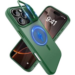 YFEMLAZ for iPhone 16 Pro Max Case(Built-in Invisible Kickstand) Heavy Duty MagneticCompatible with MagSafe Military-Grade Drop Protection,Translucent Matte for iPhone 16 Pro Max Case 6.9",Green