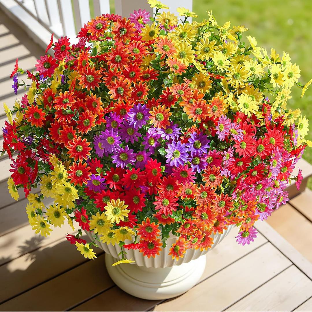 2 x Alupssuc 20 Bundles Artificial Daisies Flowers Fake Silk Plant for Indoor Outdoor Decor, UV Resistant No Fade Faux Spring Flowers for Garden, Porch & Patio Decoration,RedRosyPurpleYellowOrange