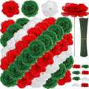 108pcs Roses Head Flowers with Stem - Red & Green White Italian Artificial Flowers Rose Bulk - Silk Rose Fake Flower for Mexico Italy Bridal Wedding Bouquet Baby Shower Centerpieces Christmas Decor
