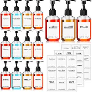 Mumufy Set of 12 Coffee Syrup Dispenser PET Syrup Pump Bottle Black Plastic Container with 27 Labels for Kitchen Restaurant Home Bar Accessories Organization(7 oz)