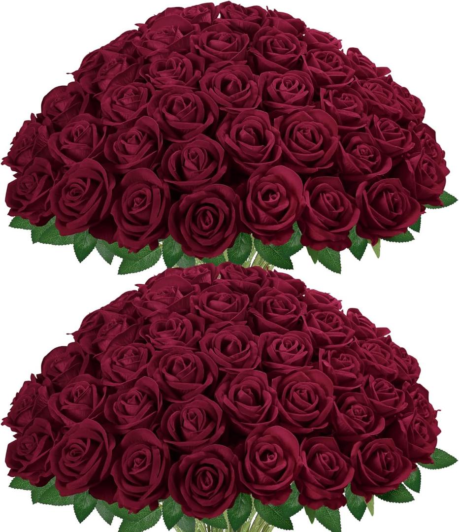 InnoGear 50 Pcs Burgundy Roses Artificial Flowers, Fake Velvet Silk Red Rose Bulk Faux Flower for Decoration Wedding Centerpieces Proposal Bridal Bouquets Shower Party Home Floral Decor (50, Burgundy)
