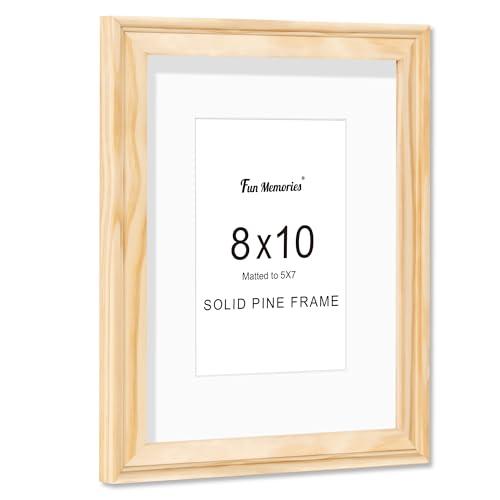 Fun Memories 8x10 Picture Frame, Solid Pine Wood Picture Frame with Tempered Glass, Handcrafted Natural 8 x 10 Wooden Frame Matted to 5x7 Photos, Wall or Tabletop Display, Natural