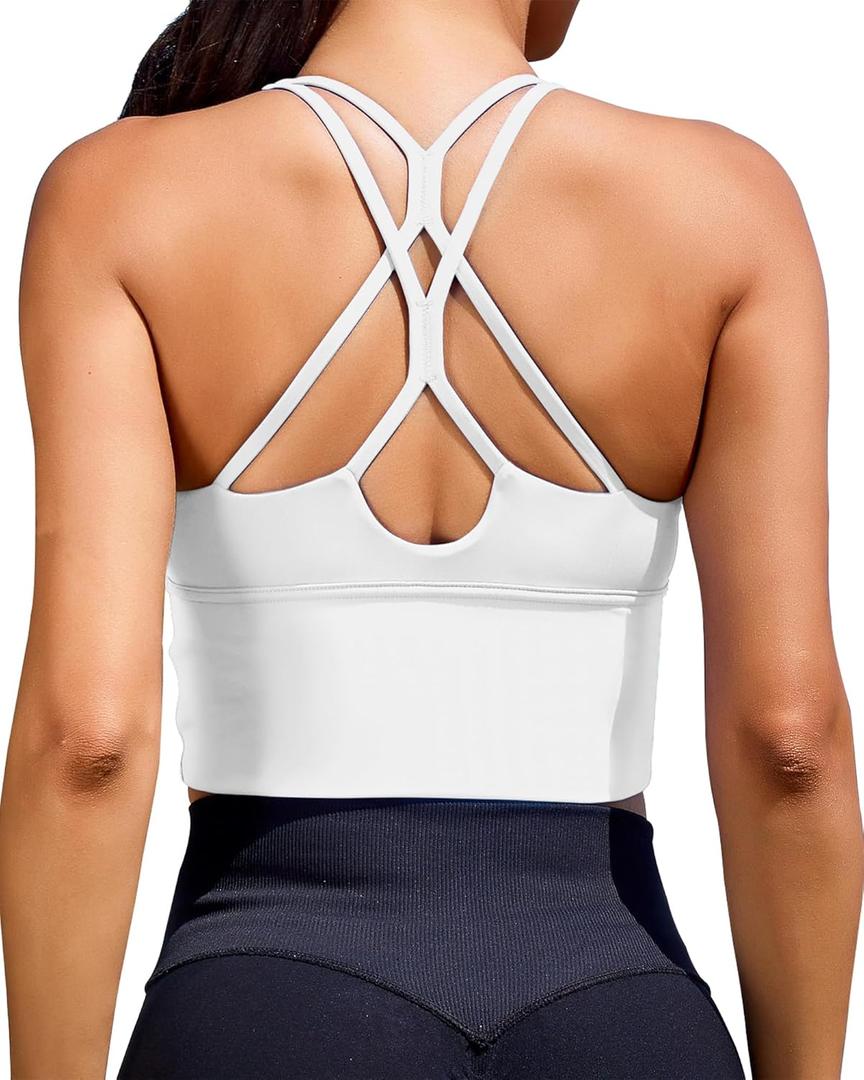 XUNYU Sports Bras for Women High Support Longline Workout Tank Tops Built in Bra Padded Strappy Yoga Crop Top Cross Gym (White, Medium)