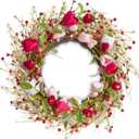 WDS WONDROUS 18.8 Inch Valentine's Day Wreath, Red Pink White Tulip Heart Wreath for Front Door Decor, Spring Wedding Anniversary Party Decoration