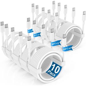10Pack Bulk USB C to USB C Cable for iPhone 17/Air/16/15 Pro Max, Type C 60W Fast Charging Cord PD 3.0 Compatible for MacBook Pro/Air iPad, Samsung S25/S24, Air Pods [1FTx2/3FTx3/6FTx3/10FTx2] (White)