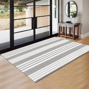 OJIA Entryway Rug 3 x 5 ft Cotton Hand Woven Indoor Door Mat Machine Washable Rugs Grey and White Striped Outdoor Rug Indoor Area Rug Front Door Mat for Porch/ Living Room/ Nursery Room