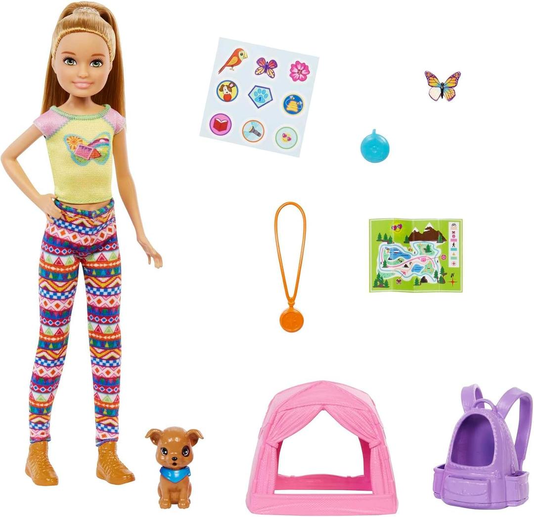Barbie It Takes Two Stacie Doll & Accessories, Camping Playset with Doll, Pet Tent, Puppy, Sticker Sheet & Accessories (Multi Color)