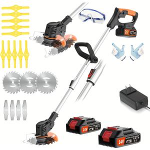 24V Cordless Lawn Edger and Weeder, Battery Powered Garden Trimmer Tool, Retractable Electric Mower with Accessories