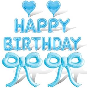 Pack of 2, Light Blue Bow Balloons Light Blue Happy Birthday Balloons Banner Heart Foil Balloon for Bow Themed Party Decor Supplies Bachelorette Birthday Decoration Ballons Arch Kits Party Balloon Set 17pcs
