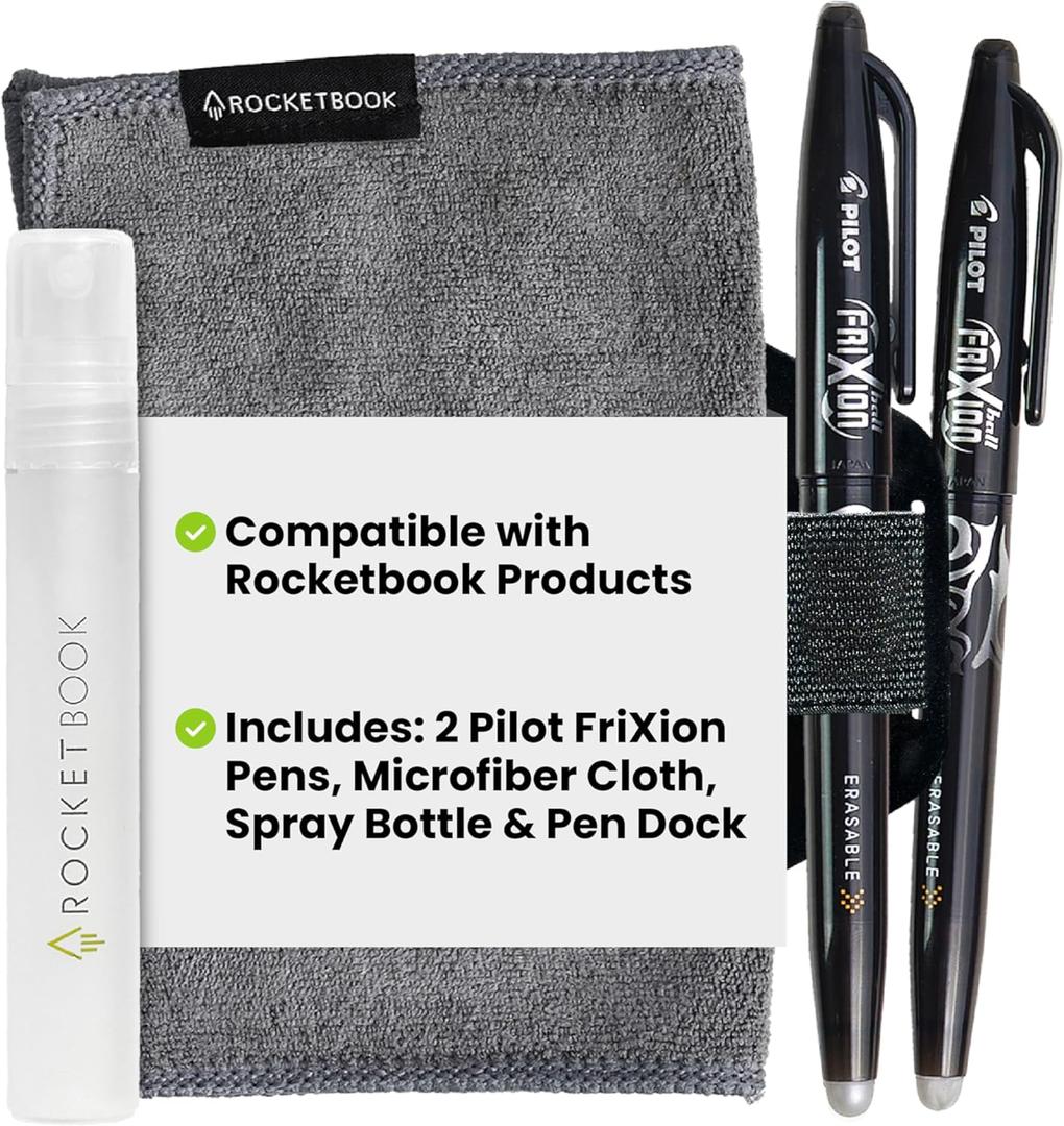 Rocketbook Accessory Kit  Complete Set with 2 FriXion Gel Pens, Spray Bottle, Microfiber Cloth & Pen Dock  Compatible with Rocketbook Notebooks & Planners for Effortless Organization Daily